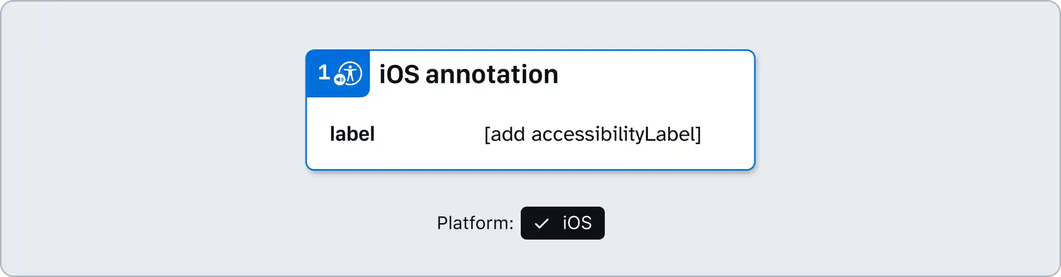Mobile Details annotation with blue accent colors, a label field, and a note number of 1. The platform has been set to iOS.