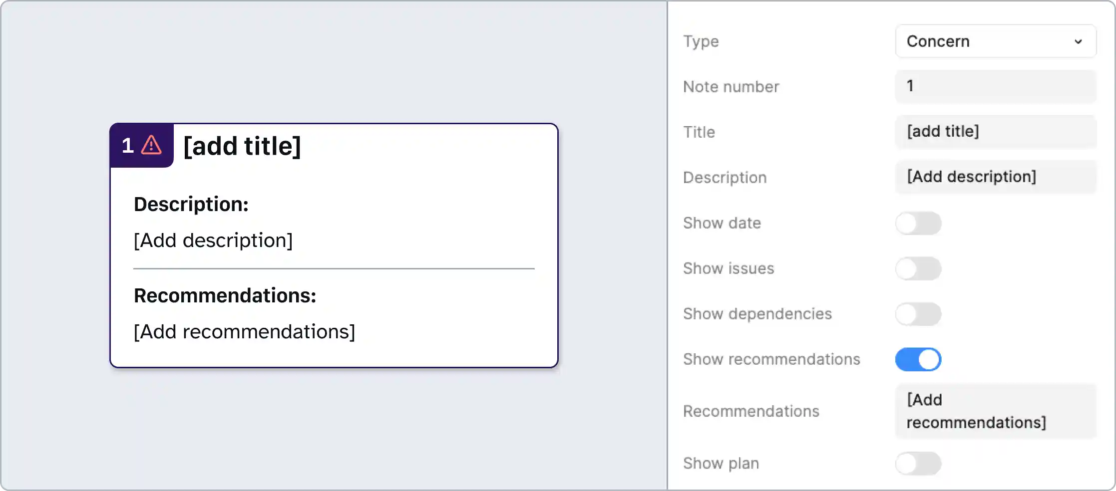 A details annotation and a Figma properties panel. The note numbers have been set to 1. Show recommendations has been toggled on, but the recommendations field is empty. There is an empty description field.