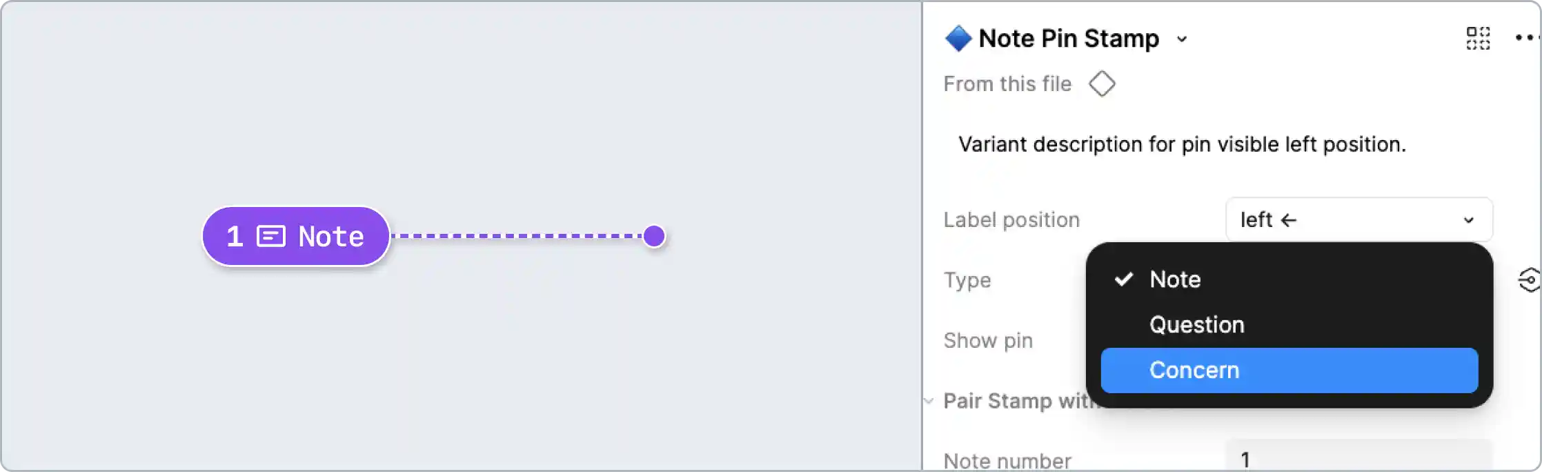A Note pin annotation and a Figma properties panel. The note number has been set to 1. The label is positioned to the left.