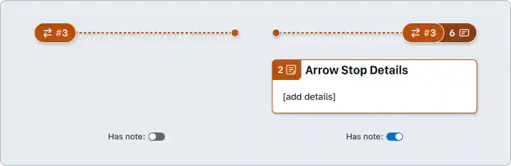 A pair of Arrow Stop pin stamps with order set to 3. One of the stamps displays only the order number, where as the other one has a note number set to 6 which pairs with the Arrow Stop details annotation with note number set to 6.