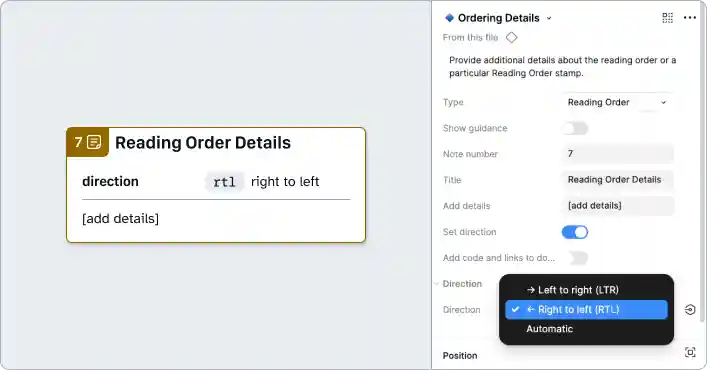 A Reading Order details annotation and Figma properties panel. The note number has been set to 7 and Direction has been set to right to left.