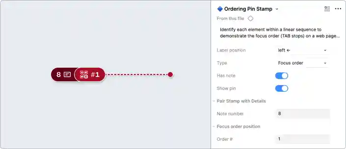 A Focus Order pin stamp and Figma properties panel. The note number has been set to 2 and the order number has been set to 1.