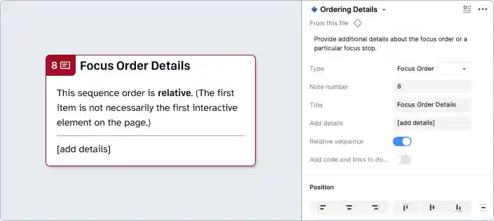 A Focus Order details annotation and Figma properties panel. The note number has been set to 1 and Relative sequence has been toggled on.