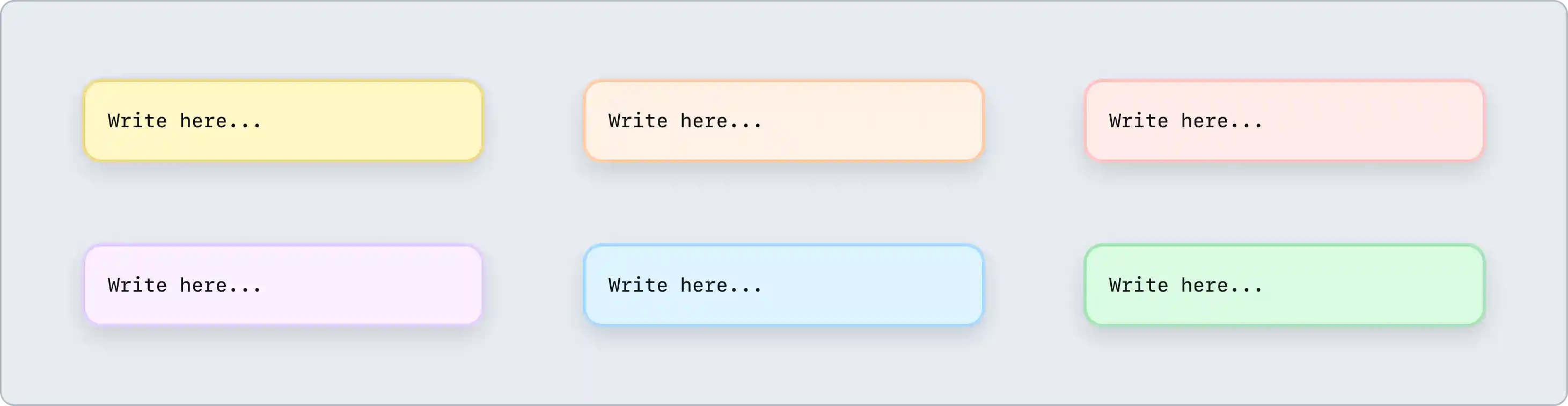 Six post-it labels of various colours, including yellow, orange, light red, light purple, blue and green. Each post-it contains the text Write here.