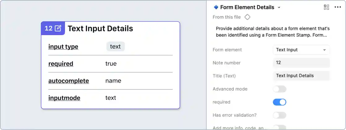 A text input details annotation and a Figma properties panel. The note numbers have been set to 1 and the form element has been set to text input. The input is required, and has error validation with a message that reads Enter your name. The input’s autocomplete field is set to name with an input mode of text.