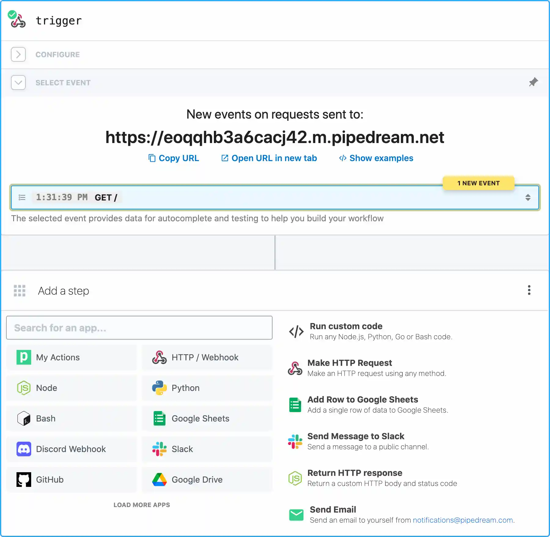 HTTP trigger + step selection menu
