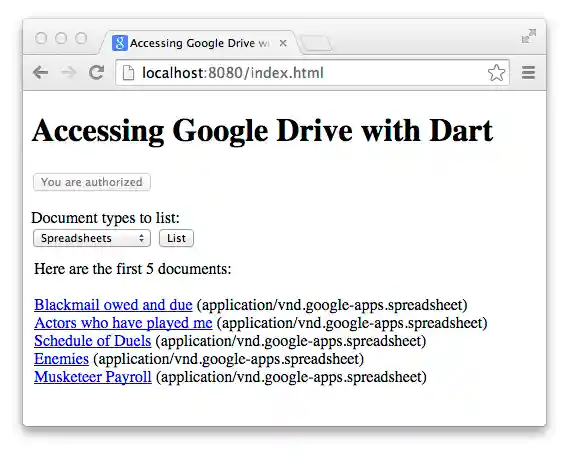 A list of spreadsheets retrieved from Google Drive using client library APIs