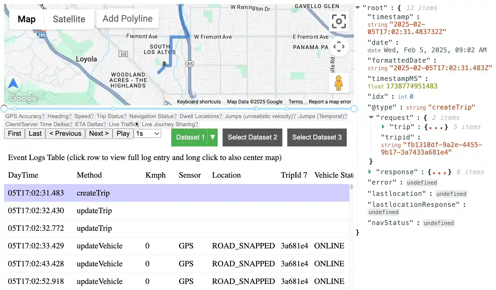 Fleet Debugger interface showing a map and log entries