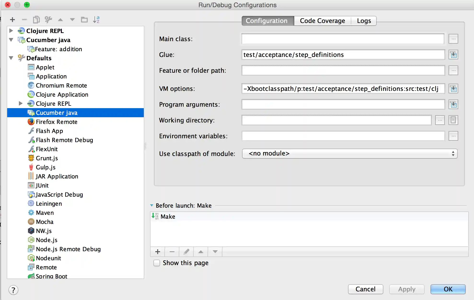 Defaults for cucumber-java configs