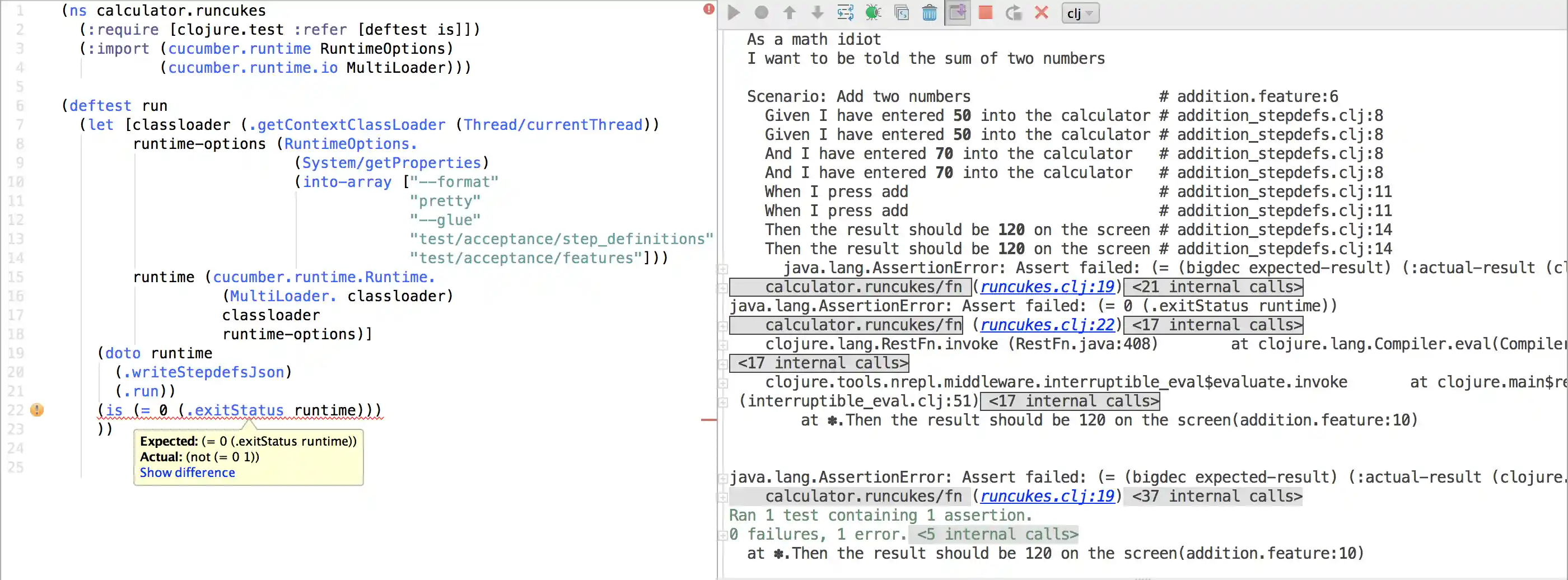 Test execution in Cursive with exit