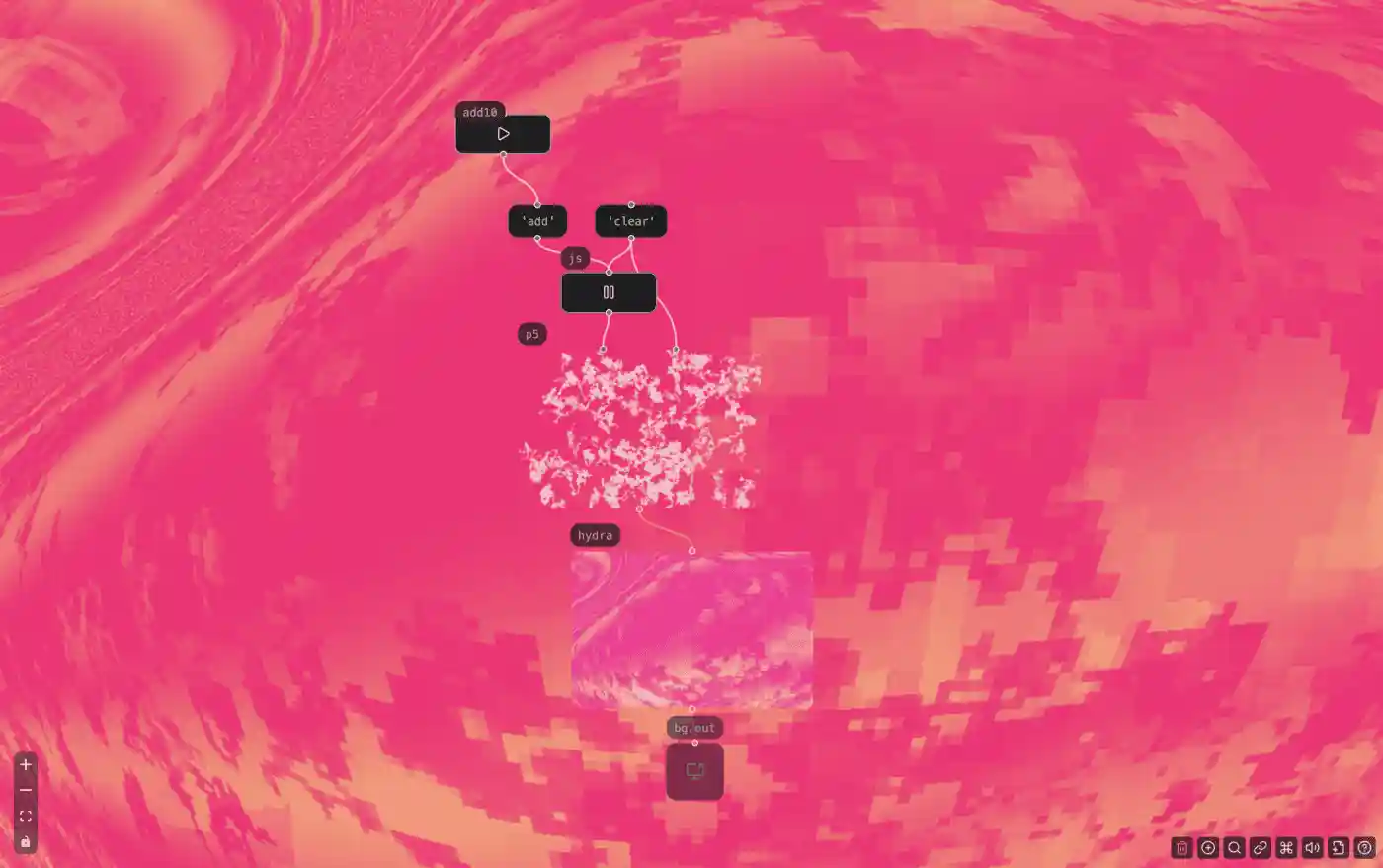 Patchies.app random walk with hydra shader