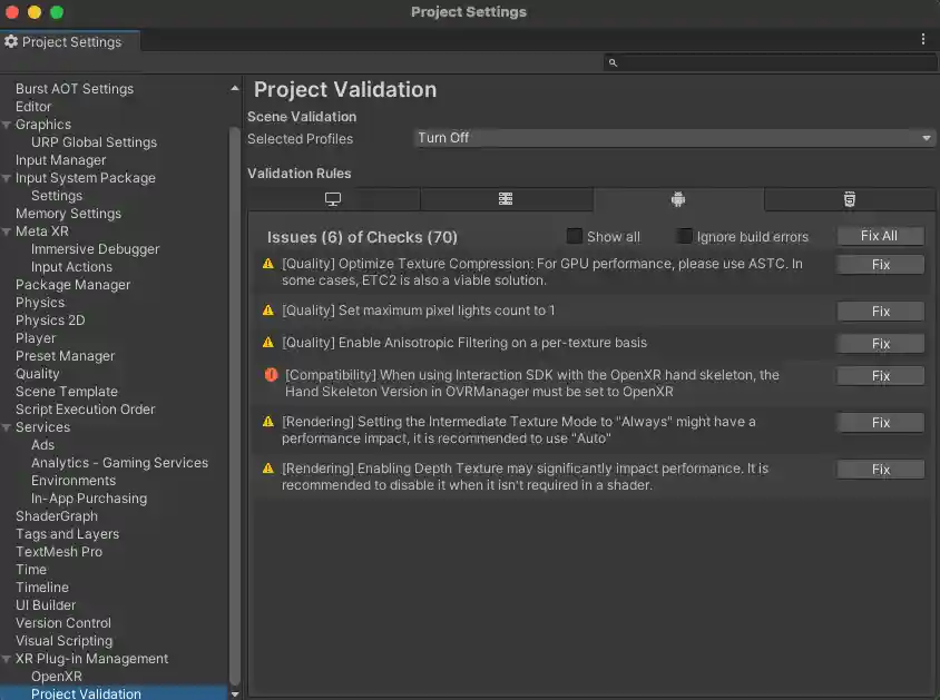 Validate XR plugin settings
