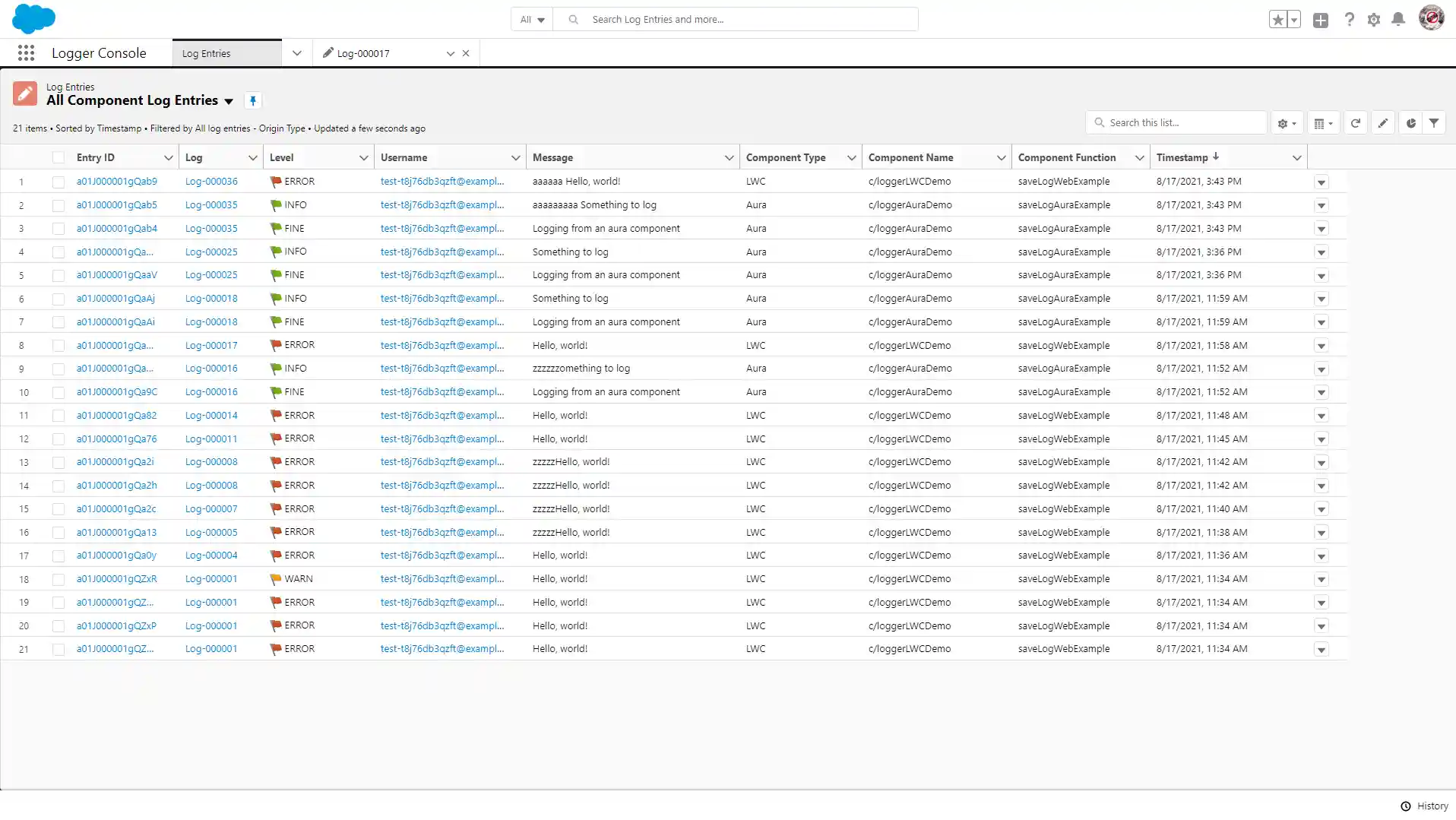 Component Log Entries List View
