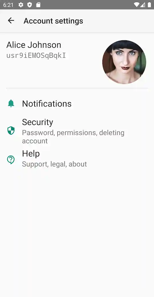 Android screenshot: account settings