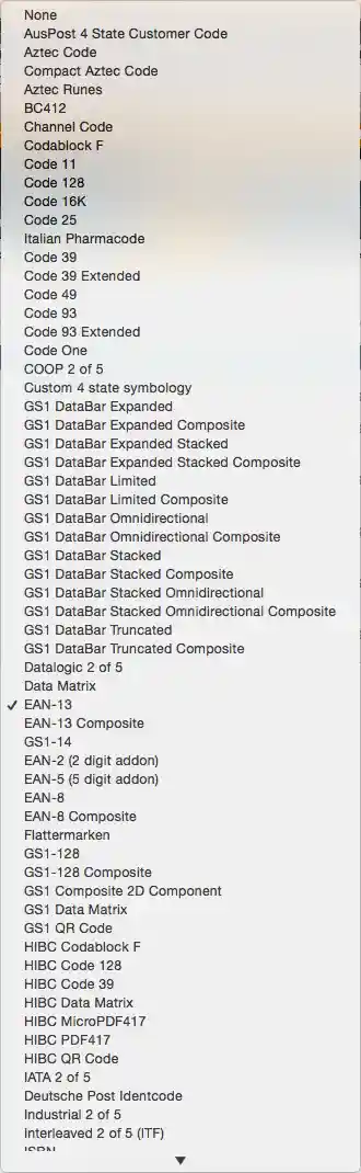 Barcode Symbology dropdown from Barcode Annotator's configuration (full symbology list can be found in the repository's wiki)