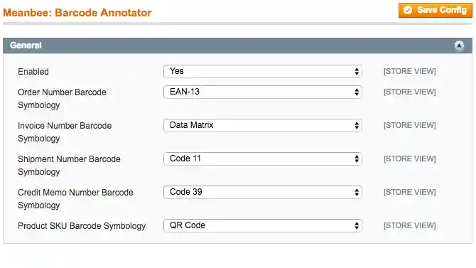 Barcode Annotator configuration with 'Enabled' set to 'Yes', 'Order Number Barcode Symbology' set to 'EAN-13', 'Invoice Number Barcode Symbology' set to 'Data Matrix', 'Shipment Number Barcode Symbology' set to 'Code 11', 'Credit Memo Number Barcode Symbology' set to 'Code 39' and 'Product SKU Barcode Symbology' set to 'QR Code'