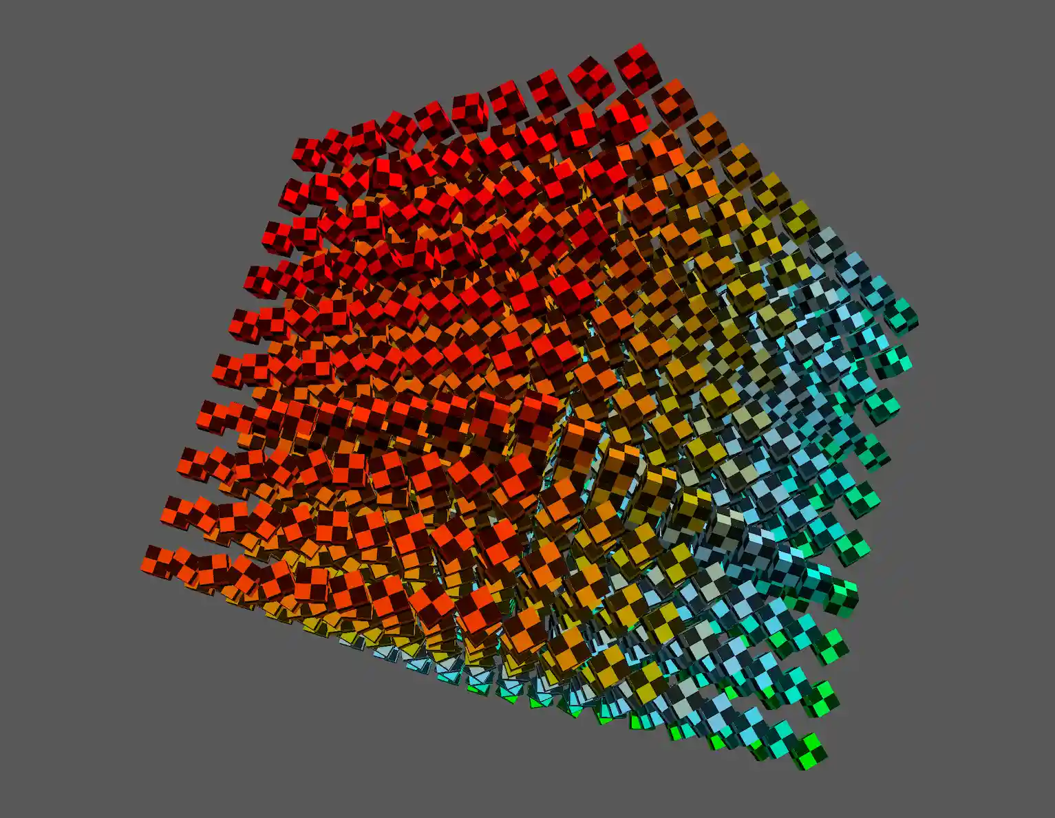 Hundreds of colored cubes, each rotated in differently, are arranged in the shape of a much larger cube