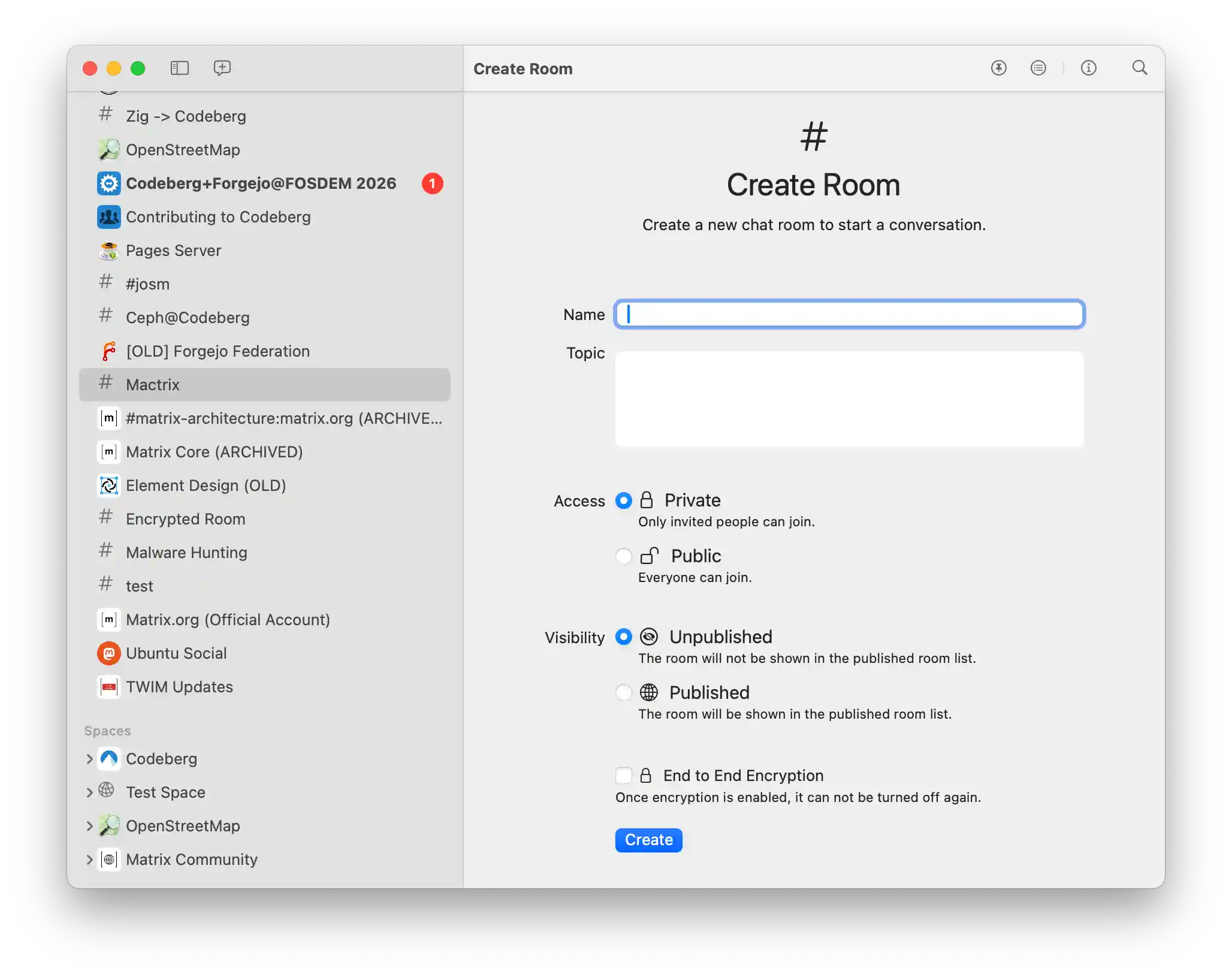 Screenshot of room creation page