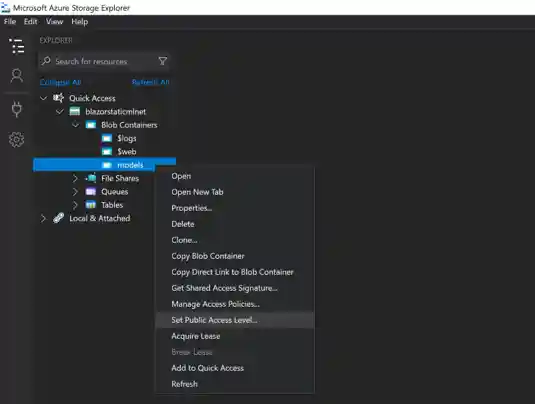 Launch container public access level dialog in Azure Storage Explorer