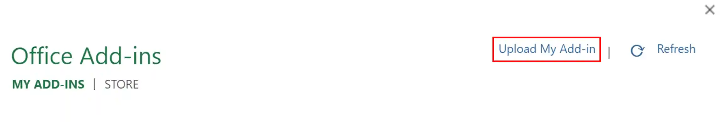 Office add-ins dialog with upload my add-in highlighted by red rectangle