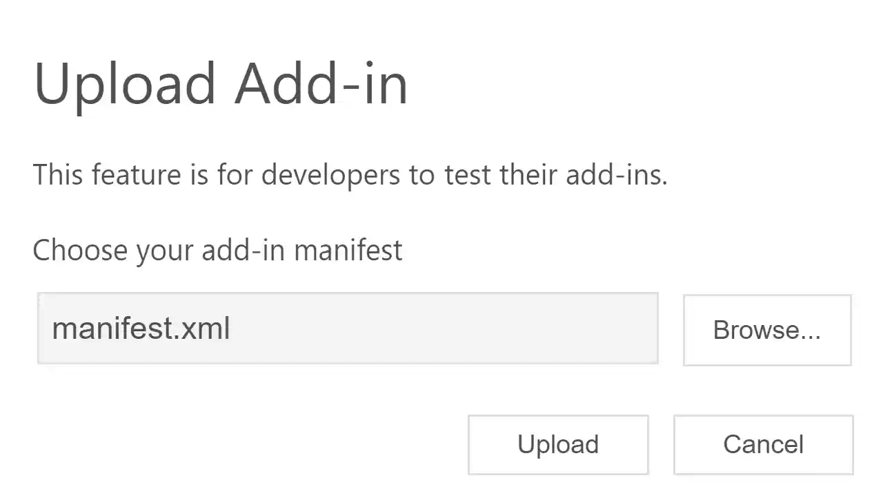 Office add-ins upload dialog with manifest.xml file