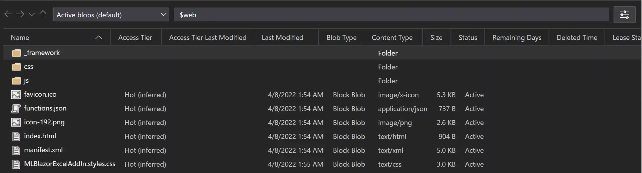 Static website contents in $web container