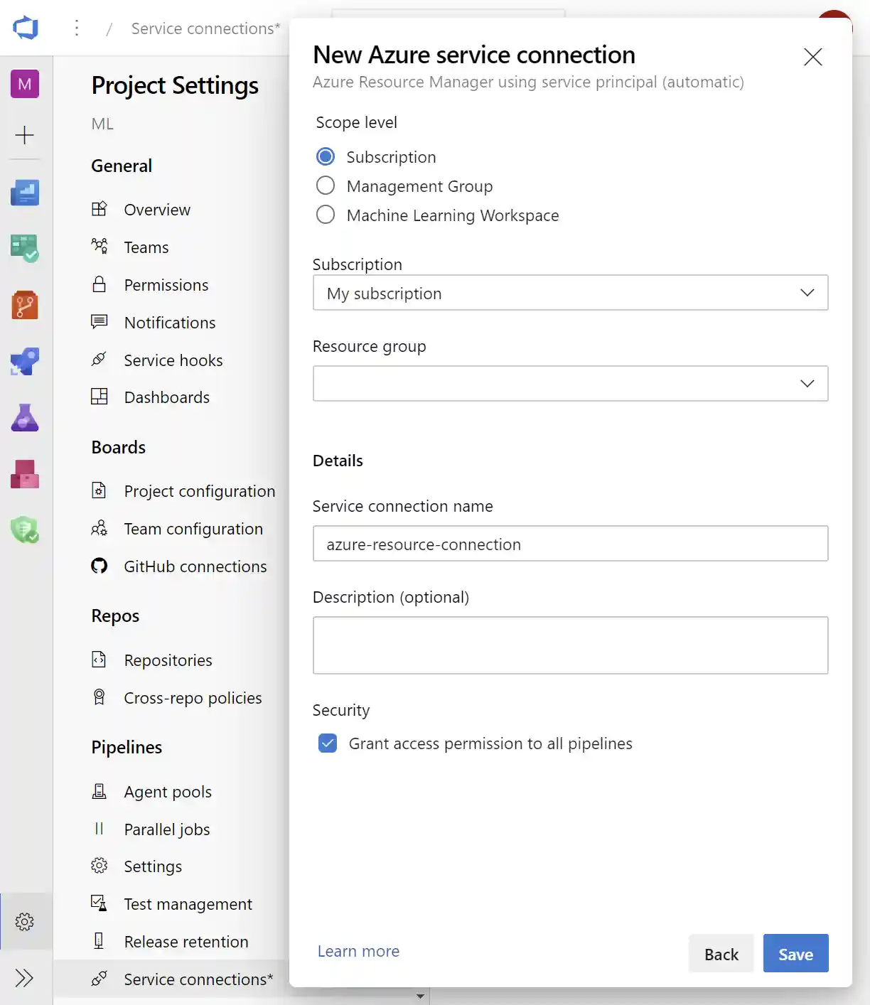 Create service connection
