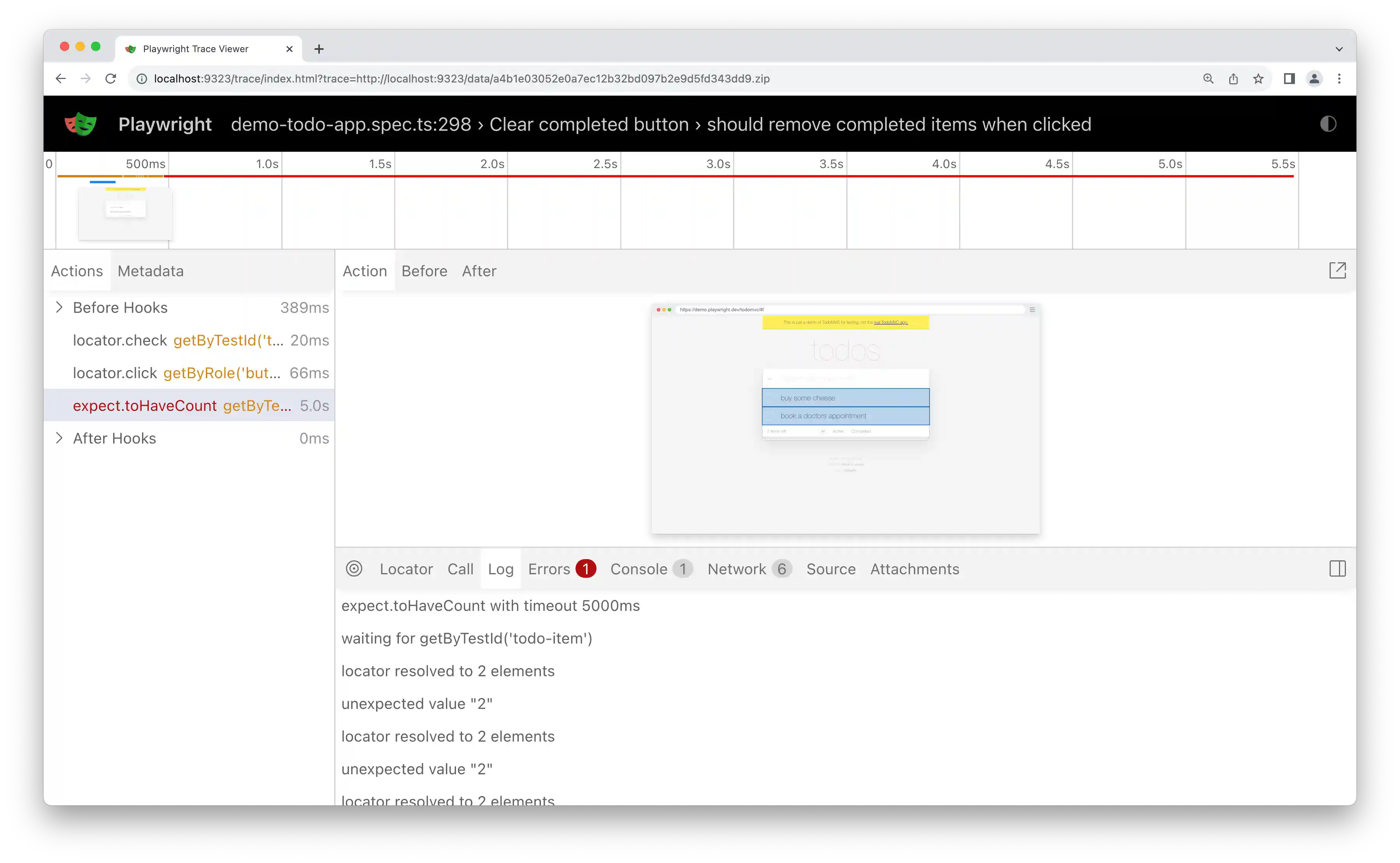 showing log of tests in trace viewer