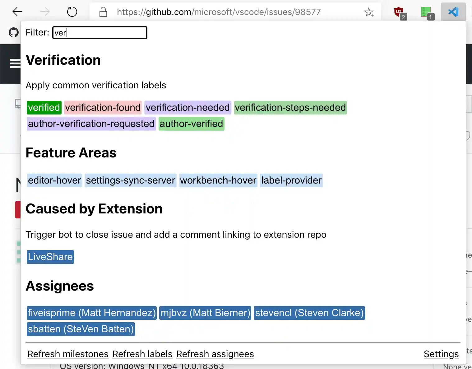 screenshot of extension popup