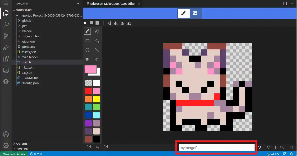 Screenshot of VS Code with the asset editor open to a cat sprite and a red box around the asset name.