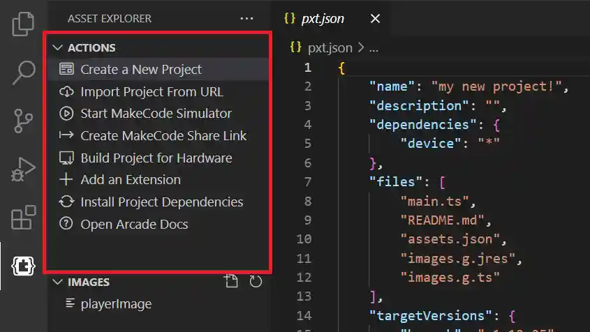 Screenshot of the MakeCode Asset Explorer with a red box around the command list