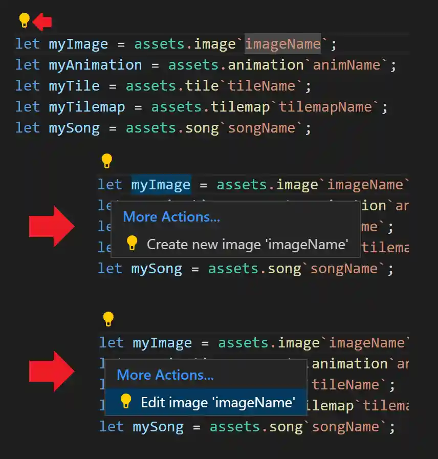 Screenshot of code actions provided for a MakeCode Asset with red arrows pointing at the code actions icon and two sample code action suggestions.