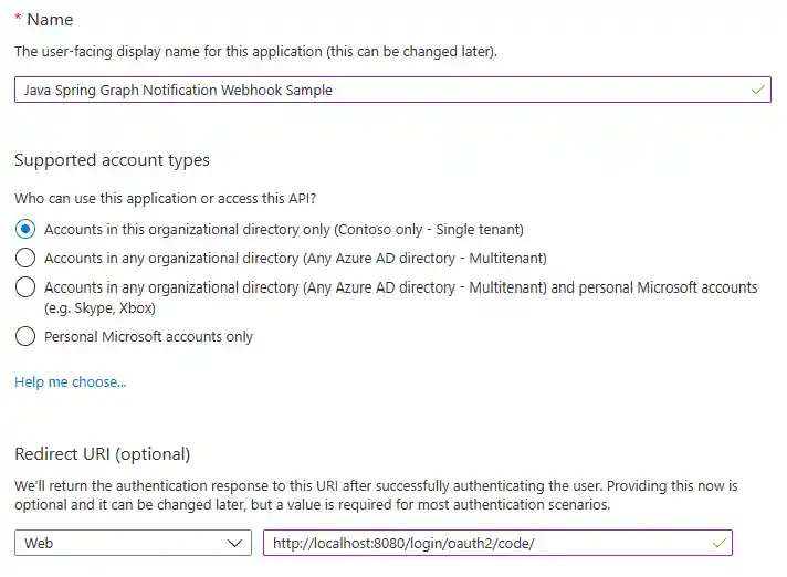 A screenshot of the Register an application page