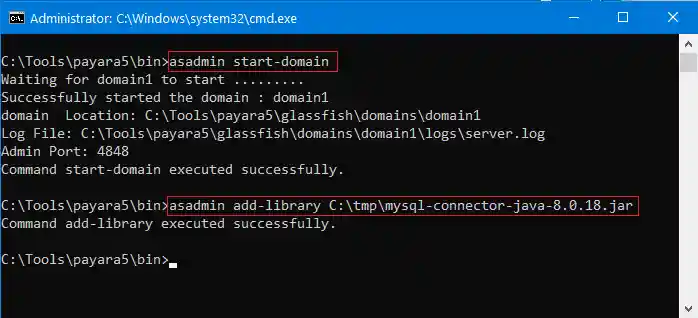 Payara - starting server and installing MySQL Connector/J