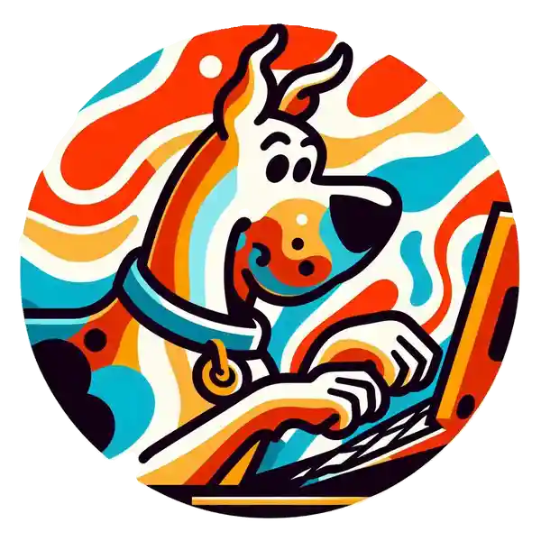 dog looking at computer screen and typing on computer keyboard