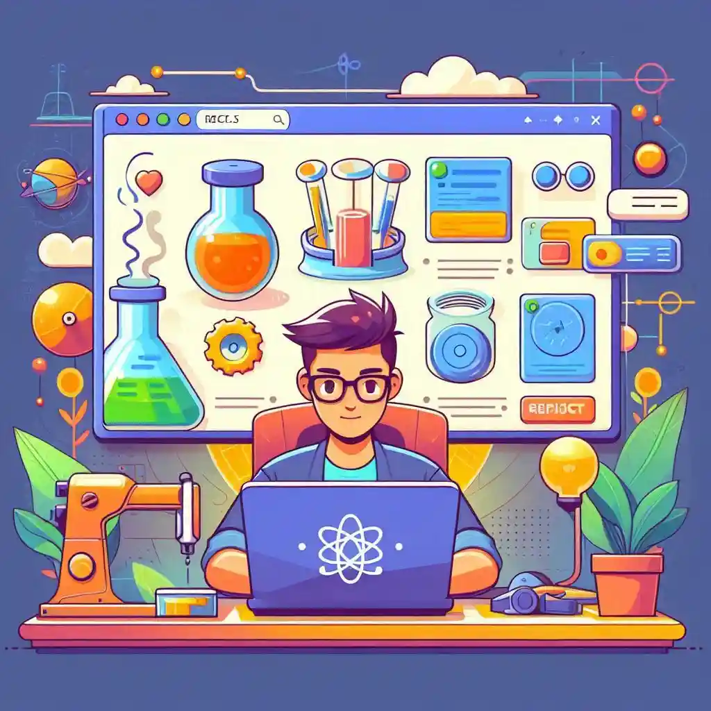 looking and typing laptop with experimentation themed backdrop