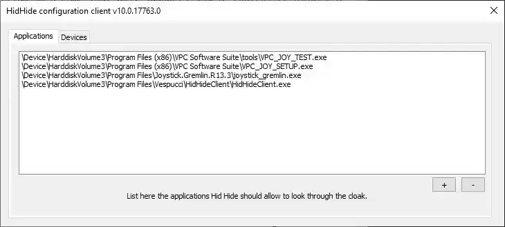 Screen capture of applications tab