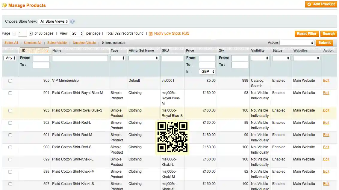 Product Grid with QR Code popup showing when mouse is hovering over a products SKU code