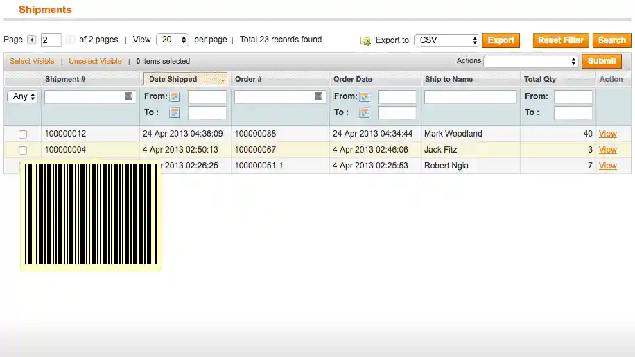 Shipping Grid with Code 11 barcode popup showing when mouse is hovering over a shipment number