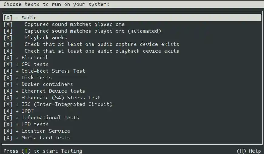 Test selection screen in Checkbox