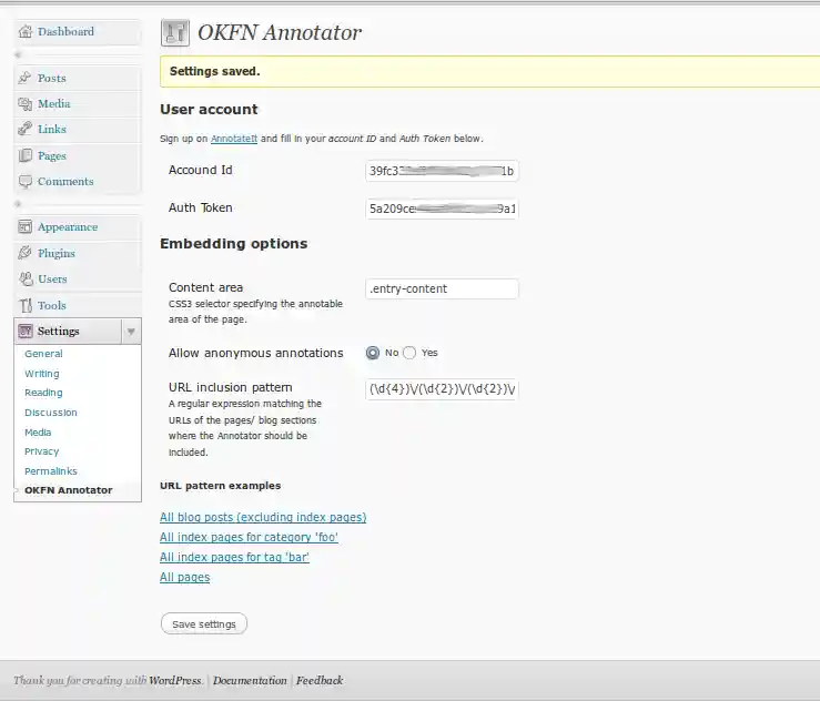 wp-annotator settings screenshot