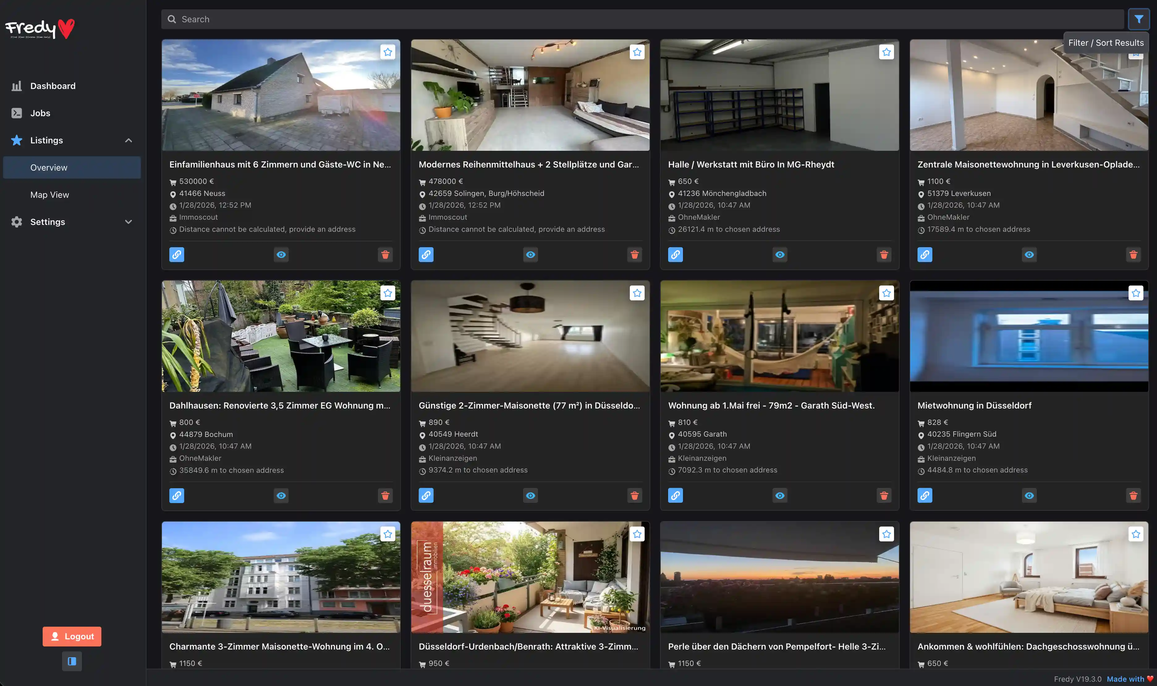 Screenshot showing found listings in Fredy