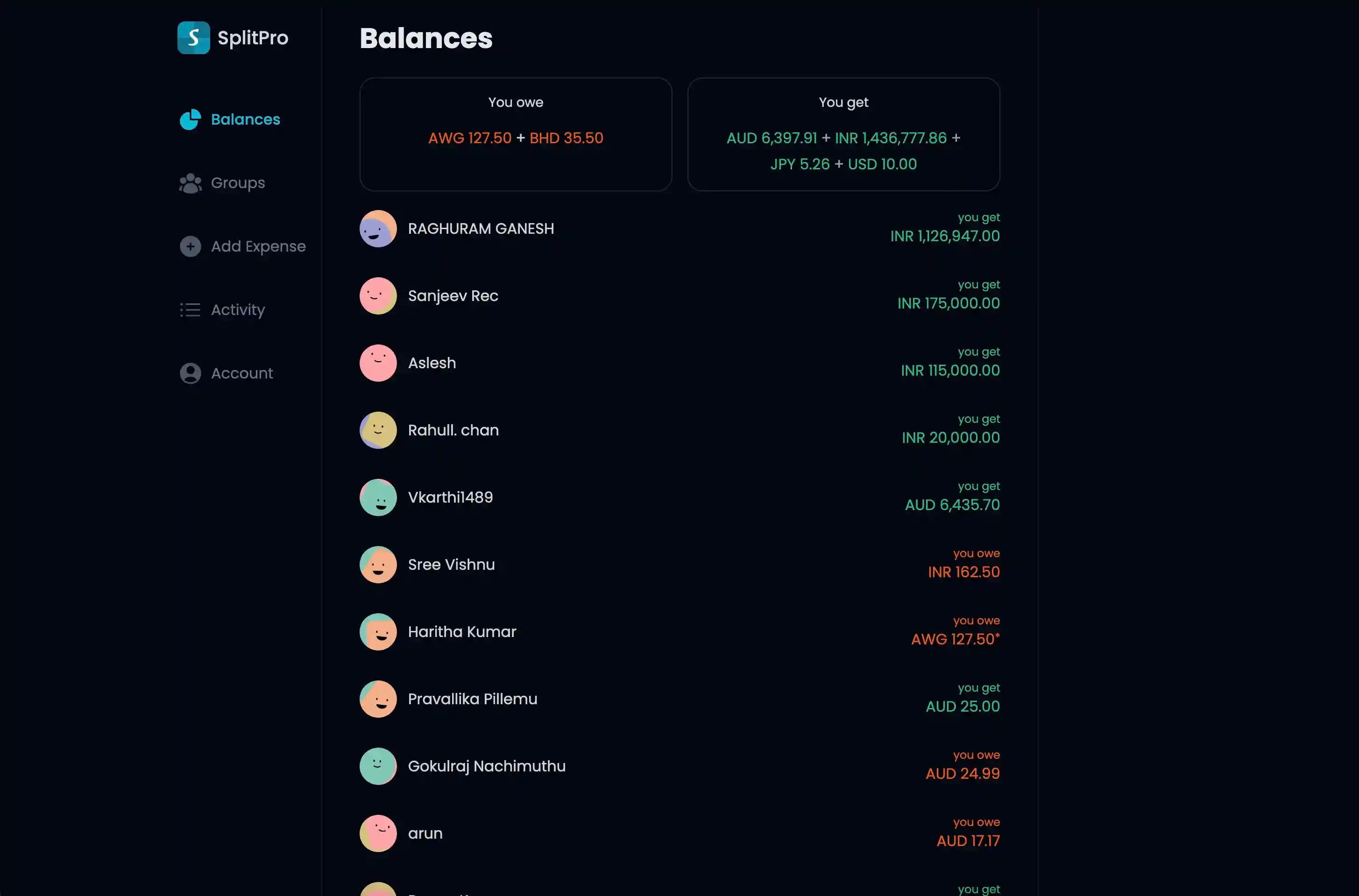 Desktop balances view