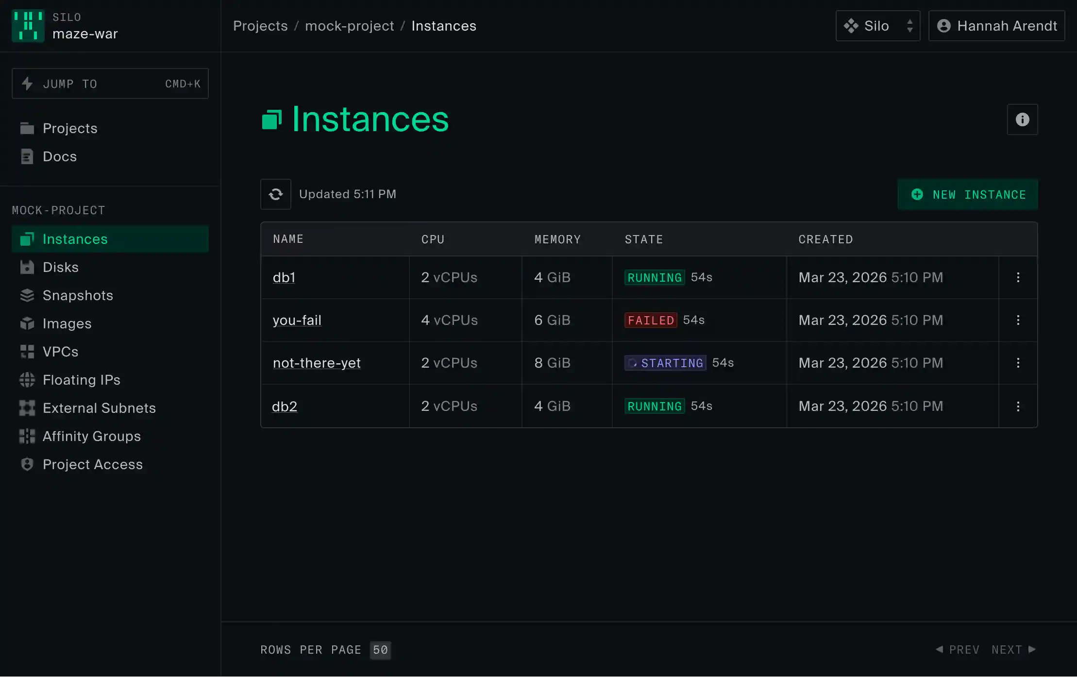 screenshot of instances list page