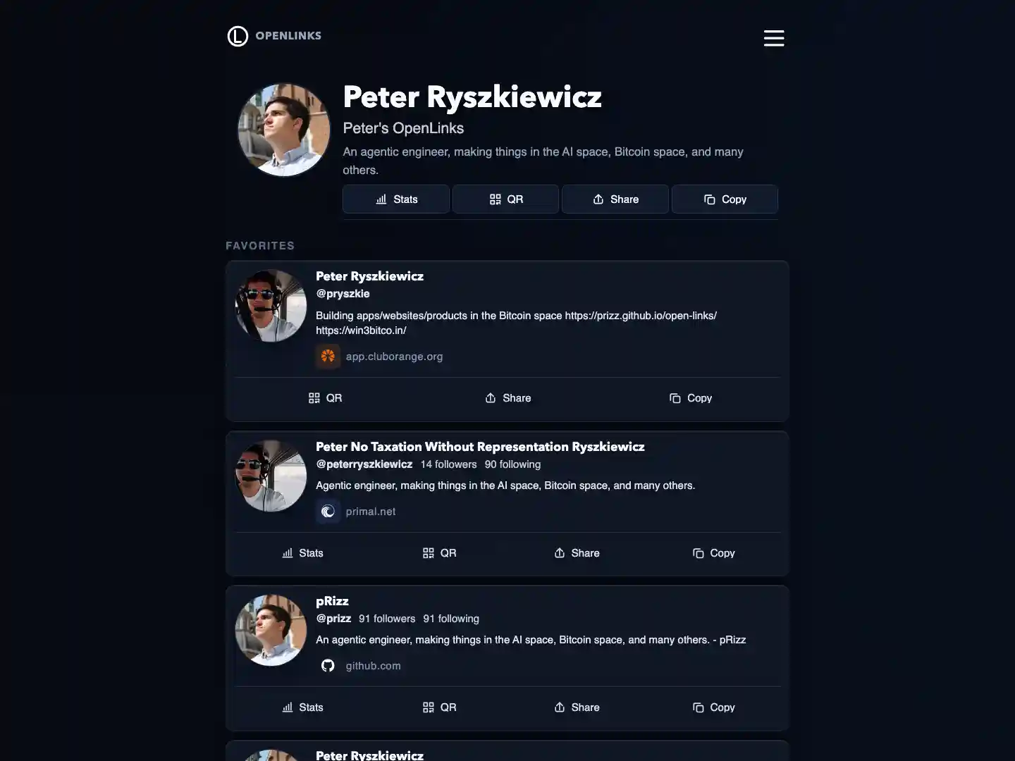Screenshot of OpenLinks showing Peter Ryszkiewicz's public profile and link cards