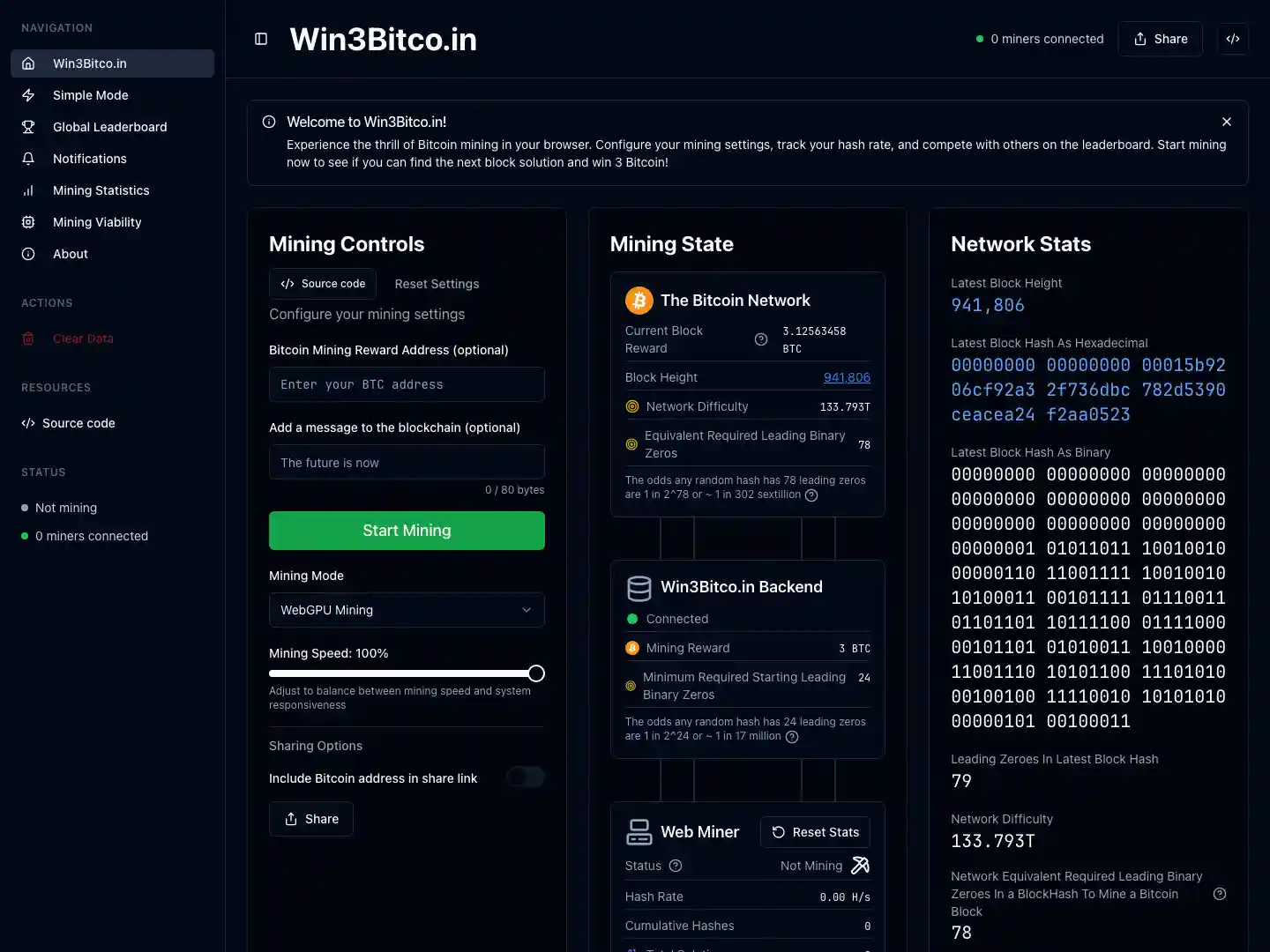 Screenshot of Win3Bitco.in showing the full mining dashboard