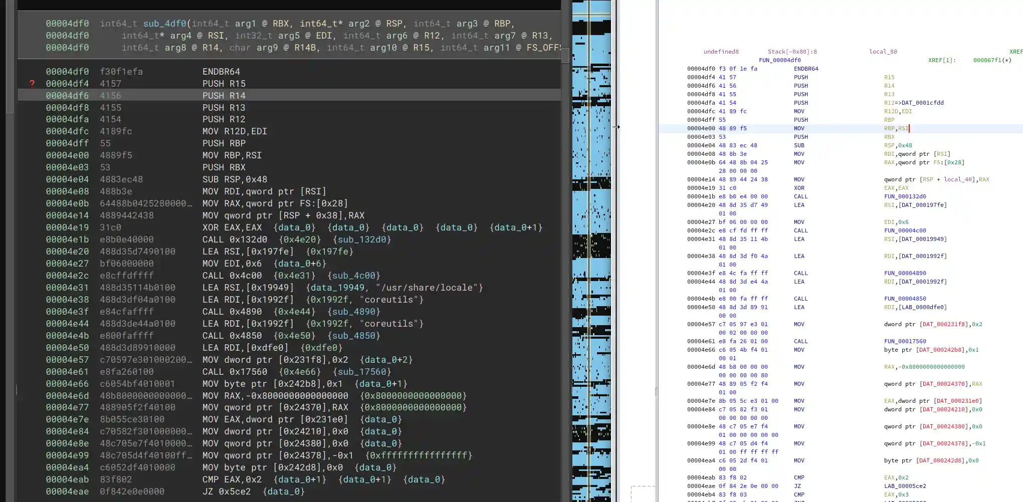 Comparison of disassembly between Binary Ninja and Ghidra