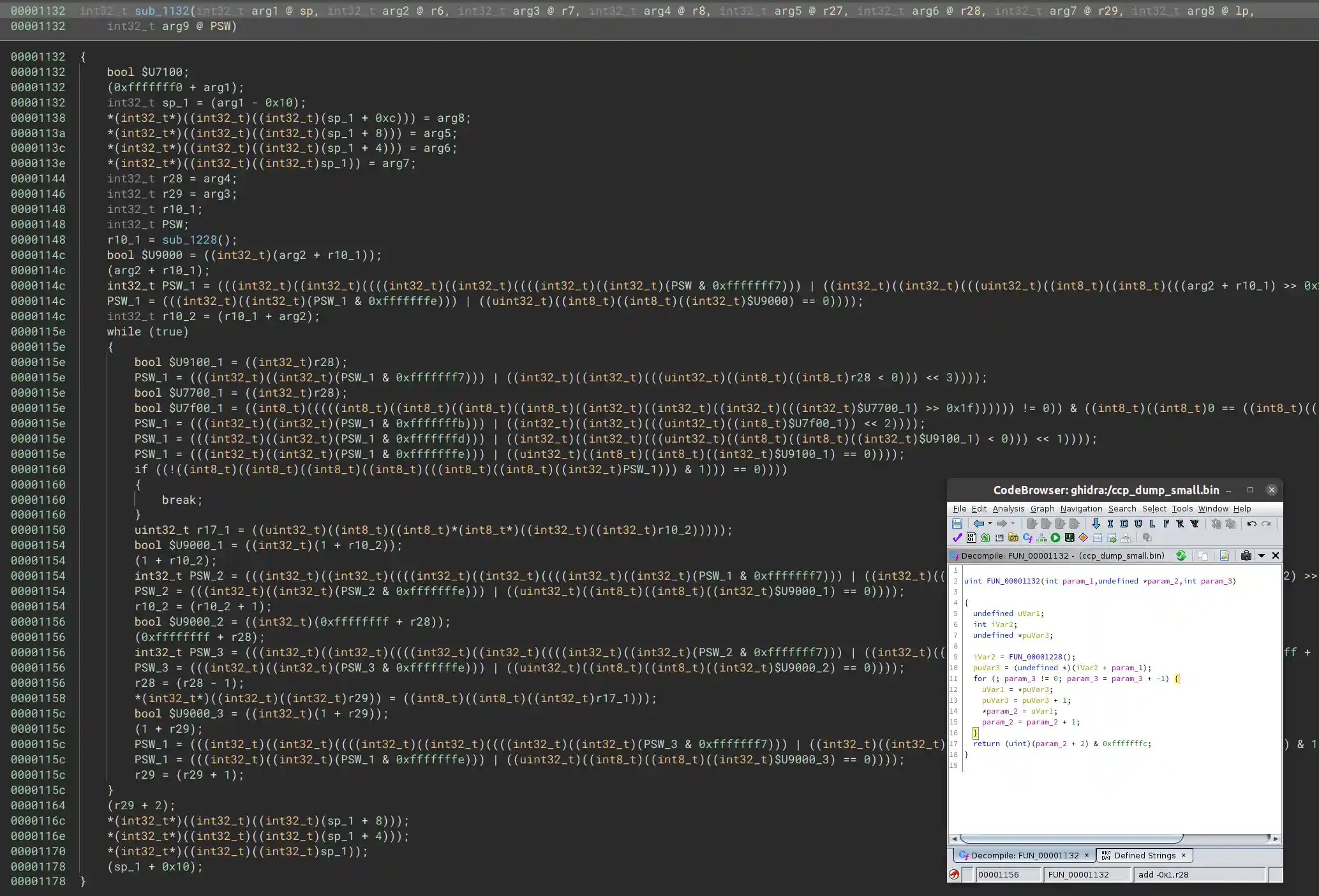 Verbose Pseudo C output from Binary Ninja compared to Ghidra