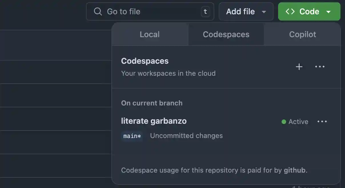 Code button and Codespaces tab opened in the dialog below