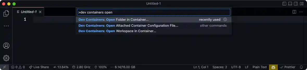 VS Code showing the "Dev Containers: Open Folder in Container..." command.